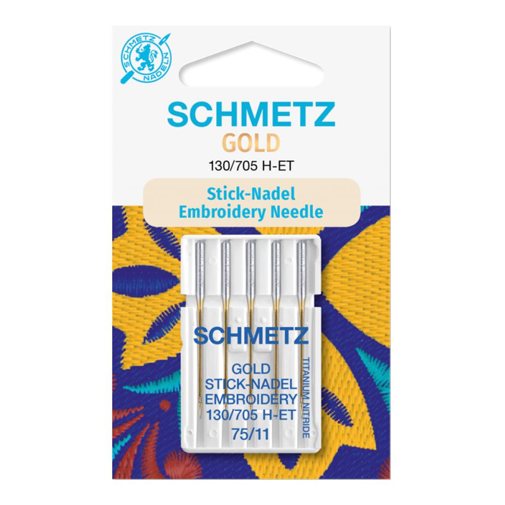Aguja Schmetz dorada de bordardo para máquina de coser, 130-705 H-ET 75, paquete con 5 pzas